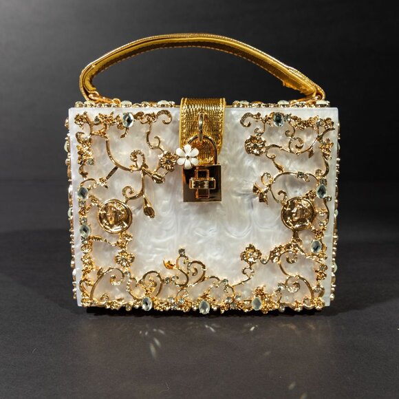 Verano Hill Handbags - Verano Hill Acrylic Box Handbag White Gold Floral Design NWOT